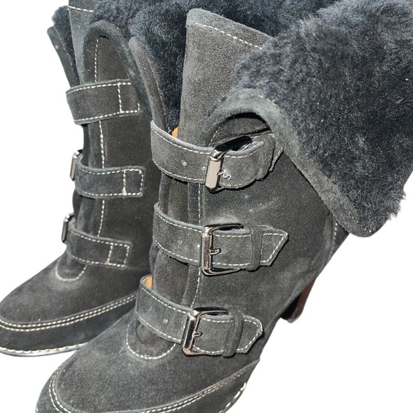 Sofft Women's Boots Size 8M Black Leather and Dyed Shearling Lamb Cone Heel - Picture 4 of 12